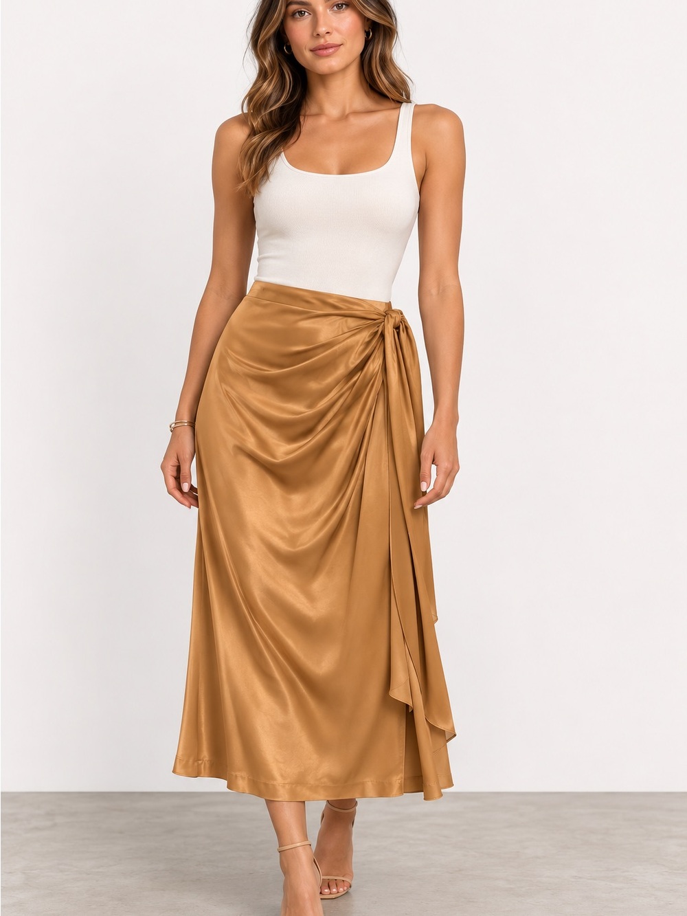 Marchesa Camel Satin Draped Midi Skirt with Side Tie